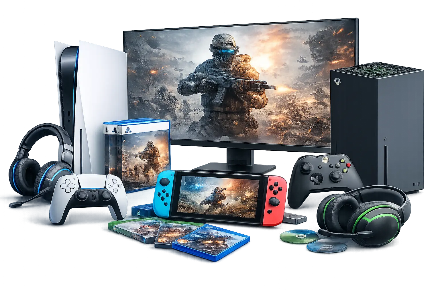 Console di gioco con controller e videogiochi